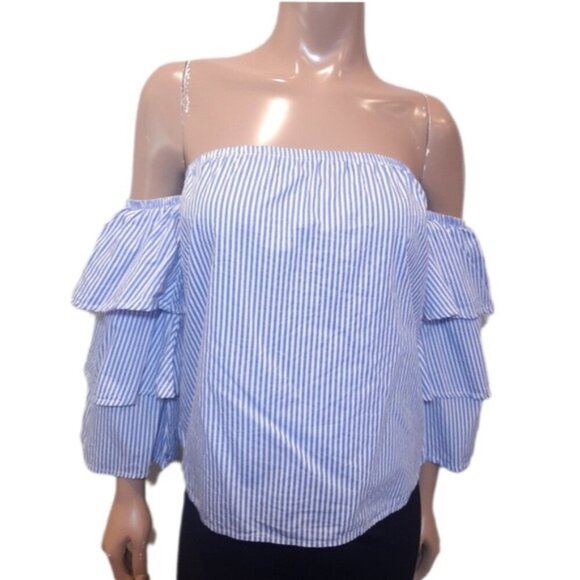 DIZZY LIZZY Strapless Striped Blouse Off Shoulder Ruffled Tiered Sleeve Top - Picture 1 of 8